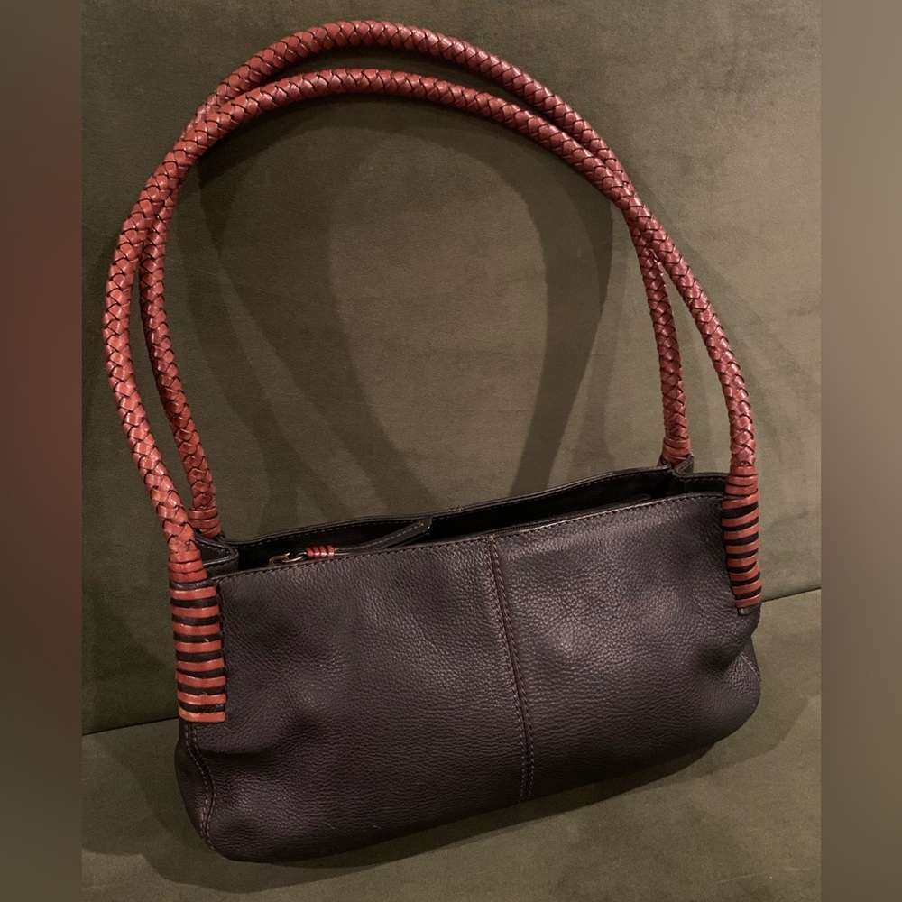 Fossil Black Pebbled Leather Shoulder Bag with Brown Braided Leather Handles